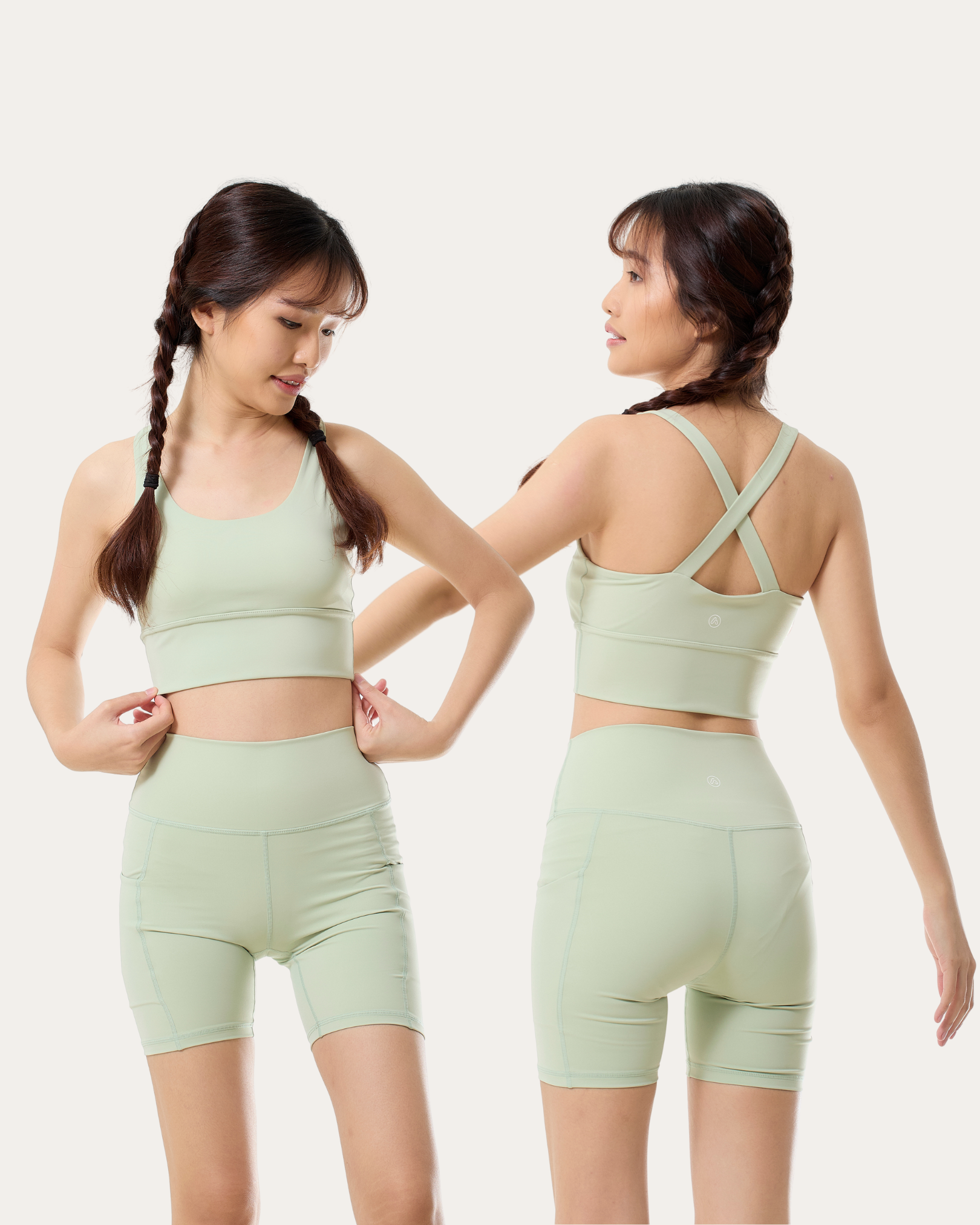 Cross-back Longline Bra + Pocket Shorts 6" Set (Celadon)