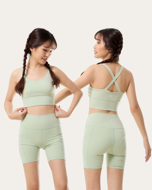 Cross-back Longline Bra + Pocket Shorts 6" Set (Celadon)